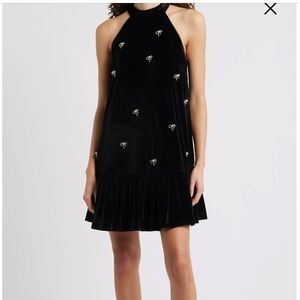 Nordstrom Black Velvet Halter Dress | Bow Embellished | Size L | NWT
